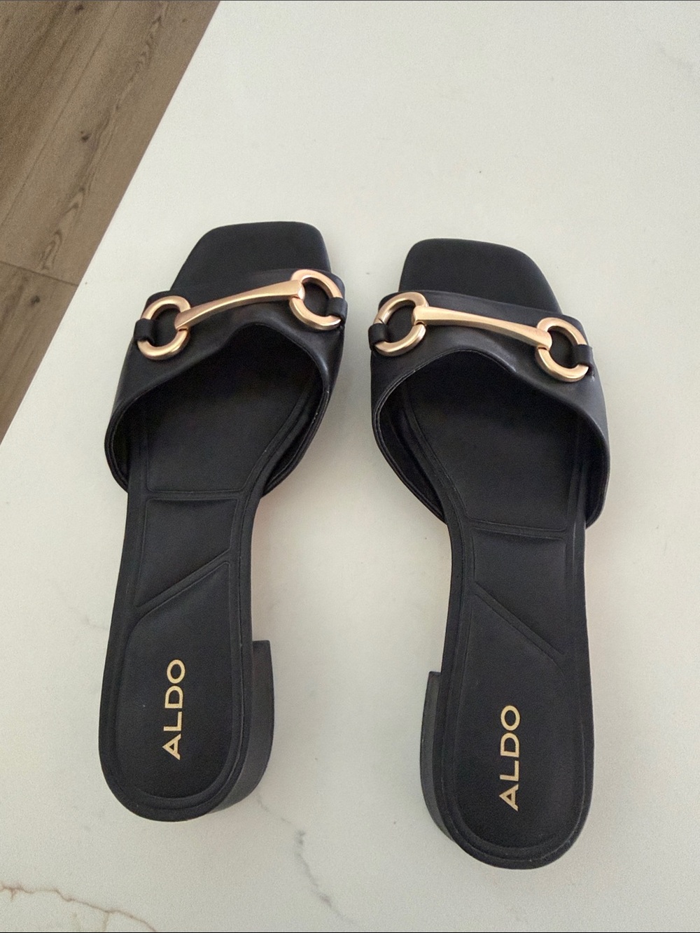 ALDO Black Slide Mules with Gold Horsebit Detail (New)
